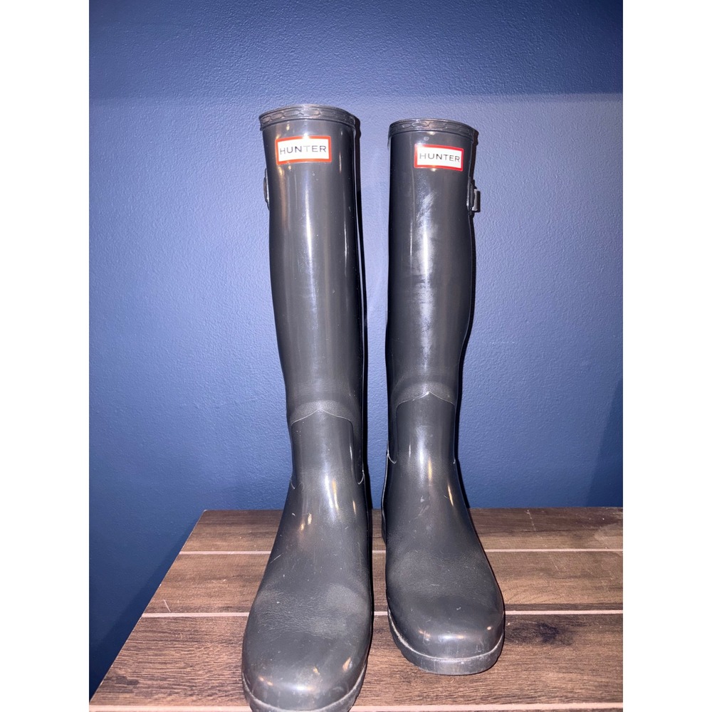 Hunter Original Tall Gloss Rain Boots Dark Grey Waterproof Rubber US 7 EU 38
